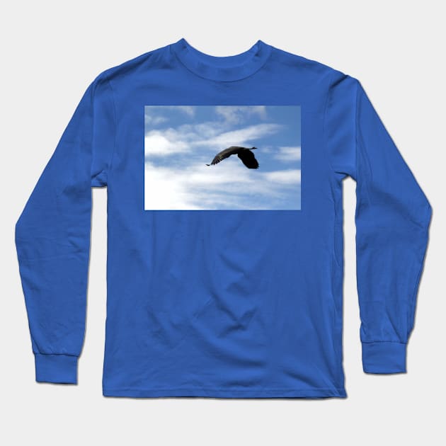 Great Blue Heron Flying Past the Clouds Above Trojan Pond 2 Long Sleeve T-Shirt by DlmtleArt